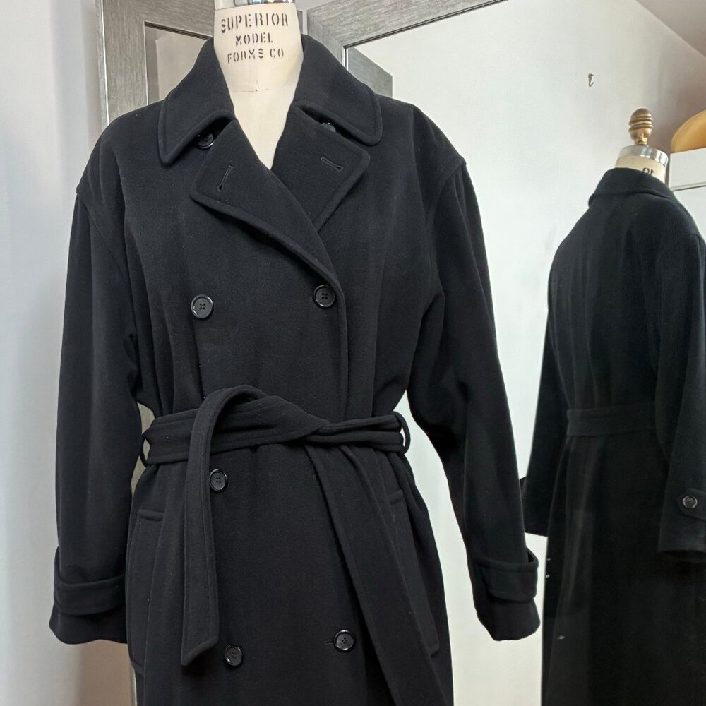Evan Picone Black Wool Coat, Double Breasted and Self Belt, Size 6